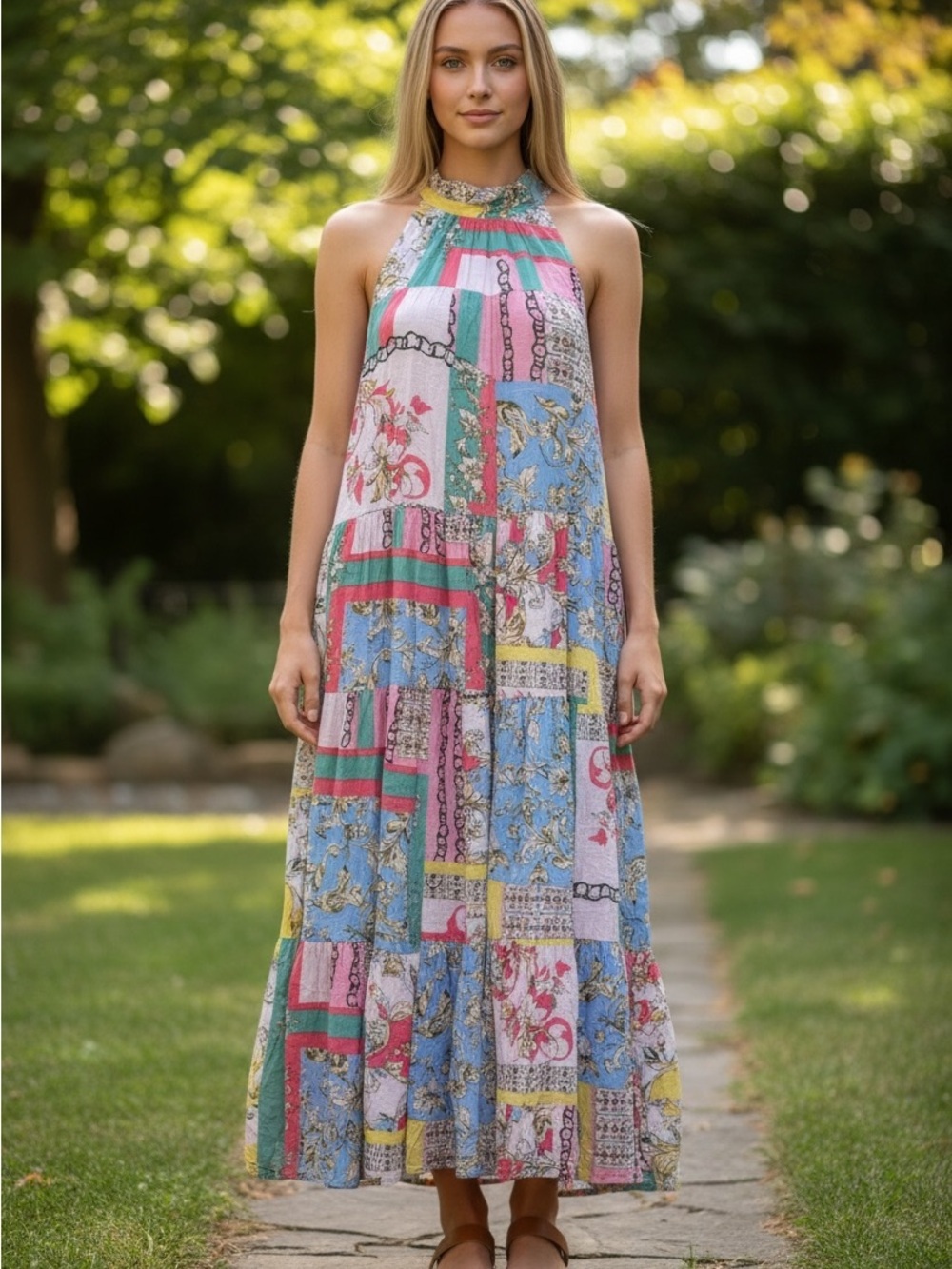 Entro Patchwork Mixed Print Halter Maxi Dress Large Boho Summer Chic Euro Party